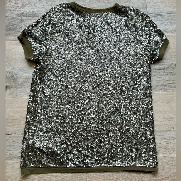 J. Crew EUC Olive Green Sequin Embellished Short Sleeve Top Shirt Blouse Size M - Picture 5 of 8